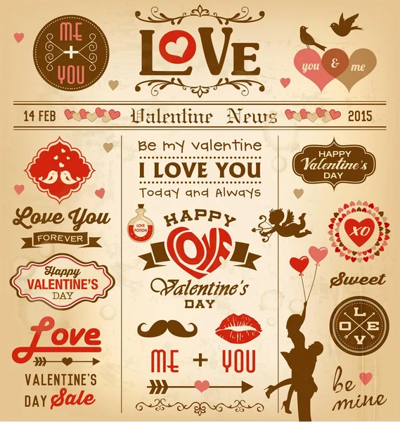 Valentine's day newspaper design avec étiquettes, collection d'éléments d'icônes — Image vectorielle