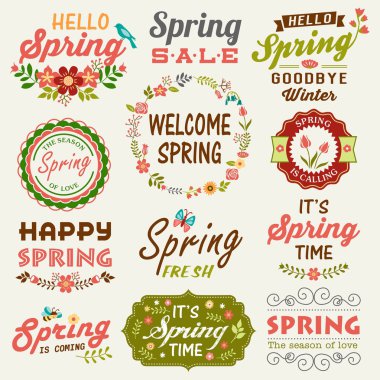 Vintage Spring typography design with labels, icons elements collection