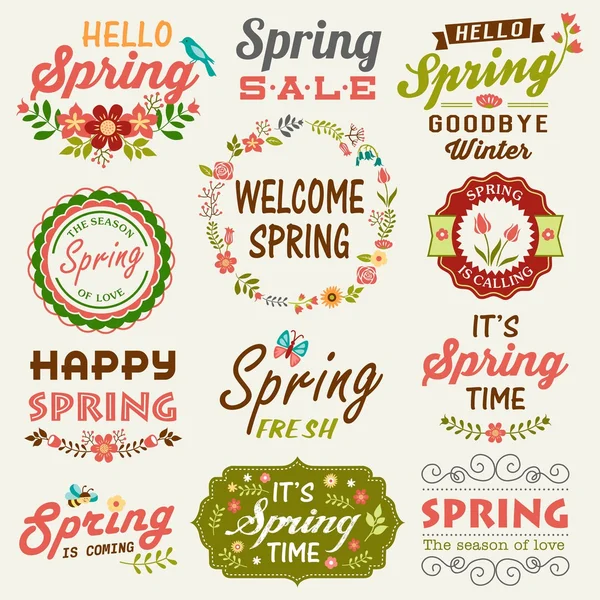 Vintage Spring typography design with labels, icons elements collection — Stock Vector