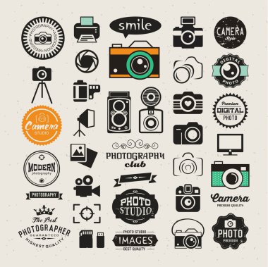 Fotoğraf vintage retro simgeler, rozetleri ve etiketleri ayarla. Vektör fotoğraf logo Şablonlar