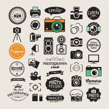 Photography vintage retro icons, badges and labels set. Vector photography logo templates clipart