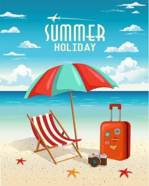 Yaz plaj tatil vektör retro arka plan. Seyahat ve tatil kavramı.