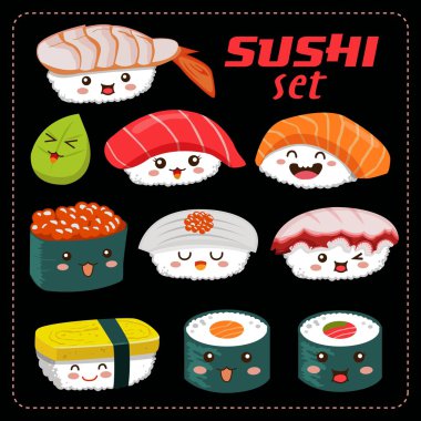Sushi vektör seti. Suşi çizgi film karakteri illüstrasyon