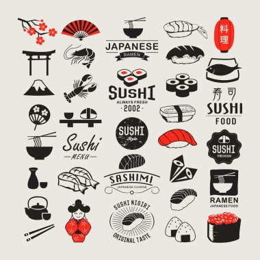 Vektör suşi Logotype ayarlayın. Suşi vintage tasarım öğeleri, logolar, rozetler, etiket, simgeler ve nesneleri