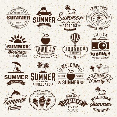 Tipografi tasarımları yaz. Yaz Logotype ayarlayın. Vintage tasarım öğeleri, logo, etiketleri, simgeler, nesneleri ve kaligrafi tasarımlar. Yaz tatili.
