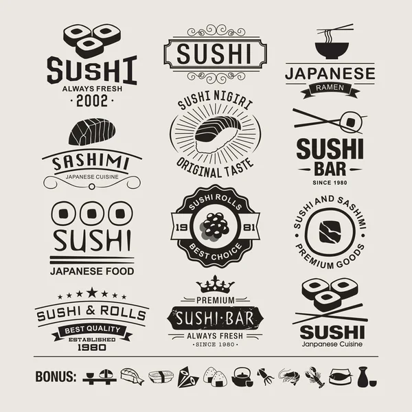 Conjunto de logotipos Vector Sushi. Elementos de diseño vintage de sushi, logotipos, insignias, etiquetas, iconos y objetos — Archivo Imágenes Vectoriales