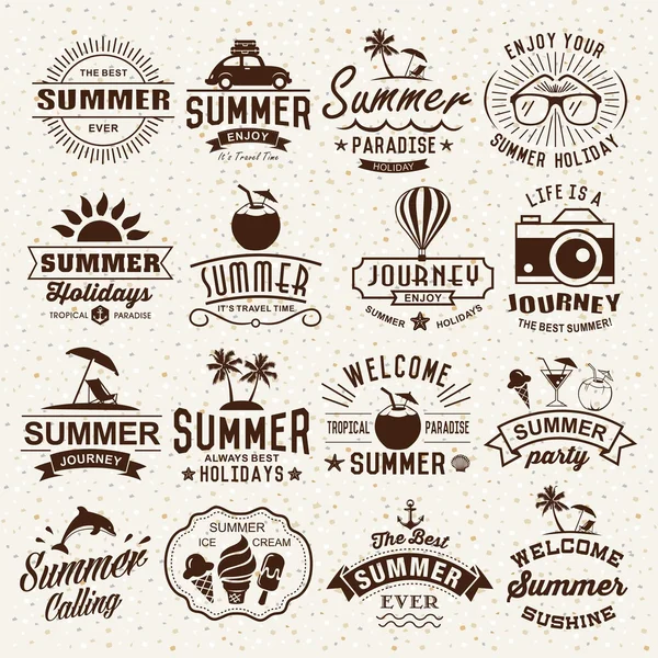 Καλοκαίρι τυπογραφία σχέδια. Ορίστε το καλοκαίρι λογότυπα. Vintage σχεδιαστικά στοιχεία, λογότυπα, ετικέτες, εικόνες, αντικείμενα και καλλιγραφικά σχέδια. Καλοκαιρινές διακοπές. — Διανυσματικό Αρχείο