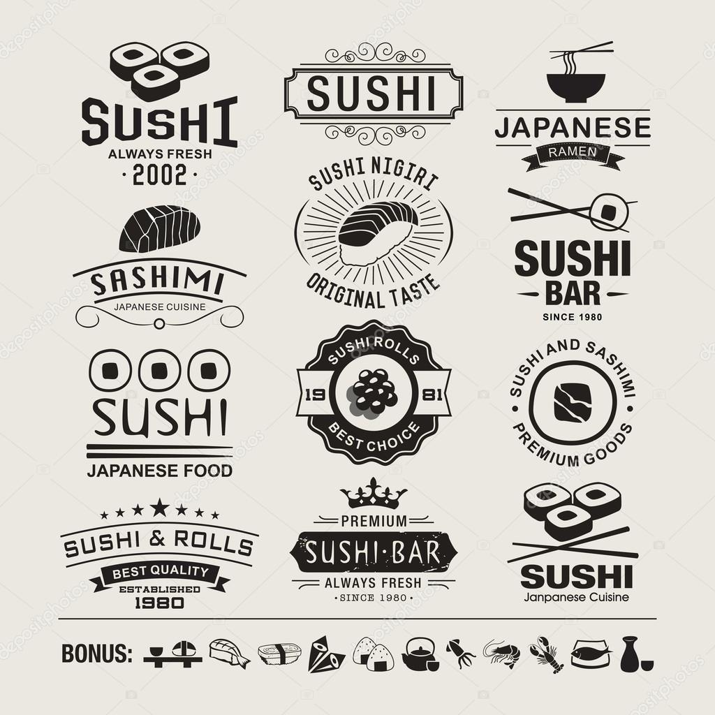 Vector Sushi logotypes set. Sushi vintage design elements, logos, badges, label, icons and objects