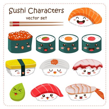 Sushi çizgi film karakteri vektör seti