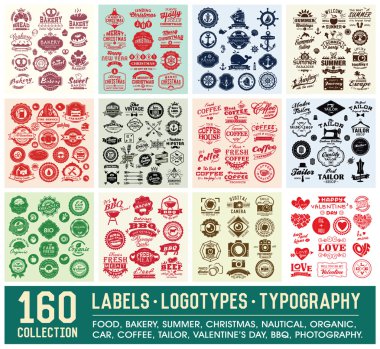 Tasarım kümesi 160 etiketleri ve Logotype. Retro tipografi tasarımı. Rozetleri, logolar, kenarlıklar, oklar, kurdeleler, simgeler ve nesneleri.