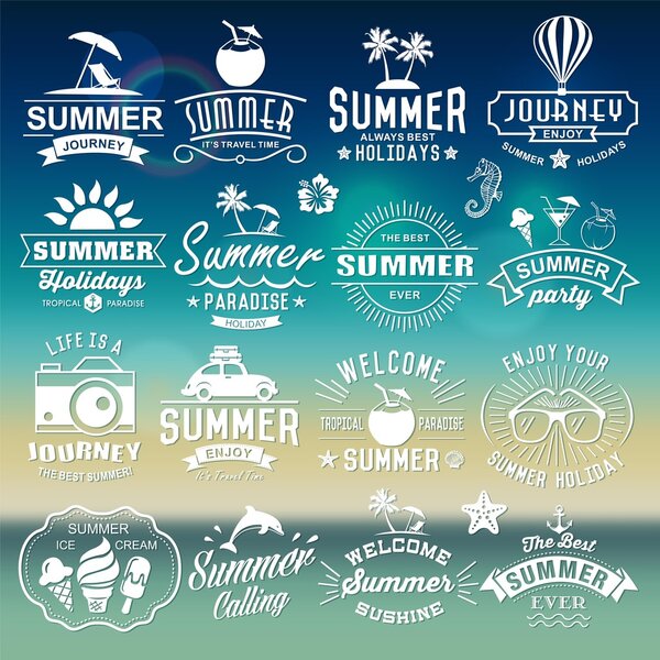 Summer typography designs. Summer logotypes set. Vintage design elements, logos, labels, icons, objects and calligraphic designs. Summer holidays.