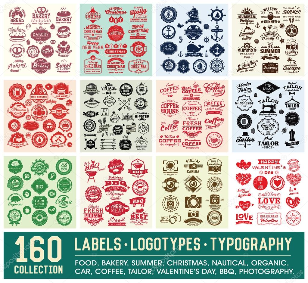 160 Labels and Logotypes design set. Retro Typography design. Badges, Logos, Borders, Arrows, Ribbons, Icons and Objects.