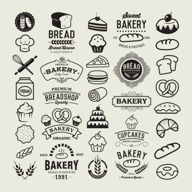 Fırın Logotype ayarlayın. Fırın vintage tasarım öğeleri, logolar, rozetler, etiketleri, simgeler ve nesneleri