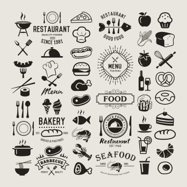 Food logotypes set. Restaurant vintage design elements, logos, badges, labels, icons and objects clipart
