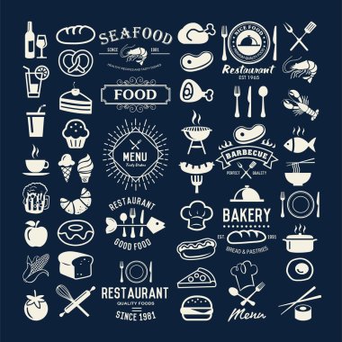 Gıda Logotype ayarlayın. Restoran vintage tasarım öğeleri, logolar, rozetler, etiketleri, simgeler ve nesneleri