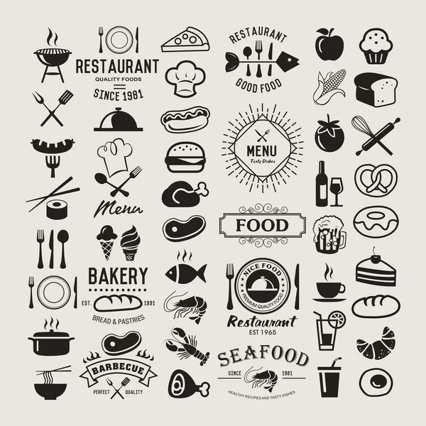 Gıda Logotype ayarlayın. Restoran vintage tasarım öğeleri, logolar, rozetler, etiketleri, simgeler ve nesneleri — Stok Vektör