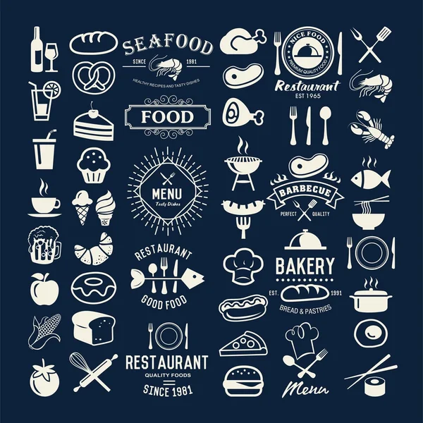 Logotipos de alimentos establecidos. Elementos de diseño vintage del restaurante, logotipos, insignias, etiquetas, iconos y objetos — Archivo Imágenes Vectoriales