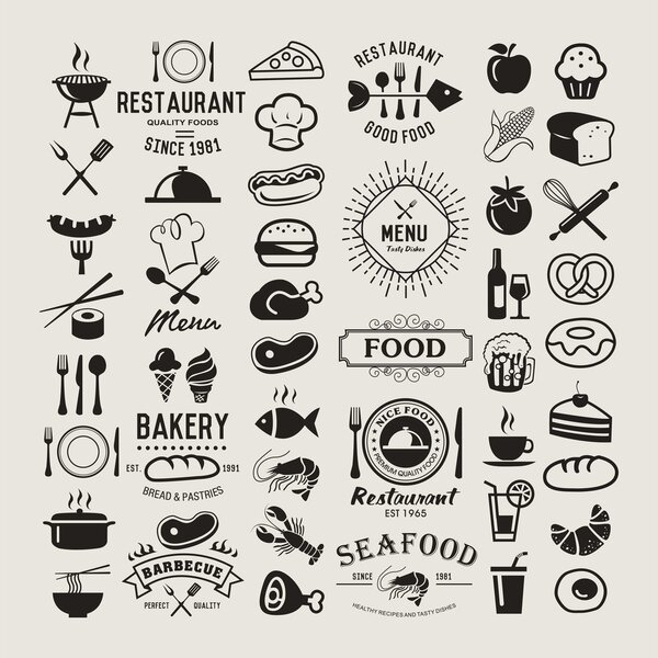 Food logotypes set. Restaurant vintage design elements, logos, badges, labels, icons and objects Stock Illustration