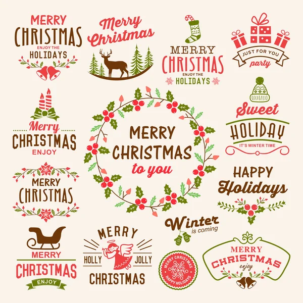 圣诞装饰收藏-徽章、 标签、 图标和对象元素的书法和版式设计. — 图库矢量图片