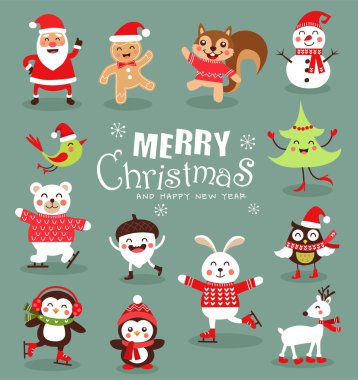Komik Noel karakterleri ayarlayın. Sevimli hayvanlar. Vektör çizim.