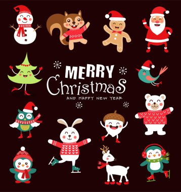 Komik Noel karakter kümesi. Sevimli hayvanlar. Vektör çizim.
