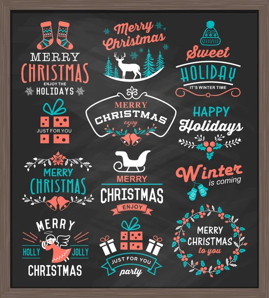 Éléments de design vintage de Noël, logos, insignes, étiquettes, icônes, décoration et ensemble d'objets . — Image vectorielle