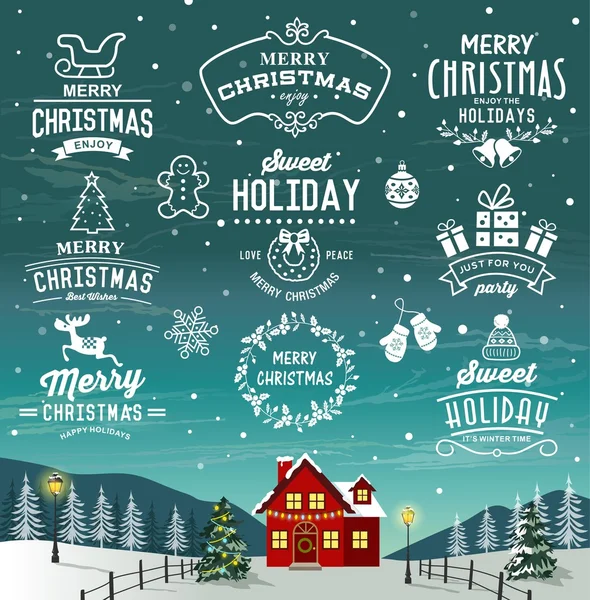Güzel manzara Noel. Noel dekorasyon topluluğu kaligrafi ve etiketleri, semboller ve simgeler öğeleri ile typograhic tasarım. — Stok Vektör
