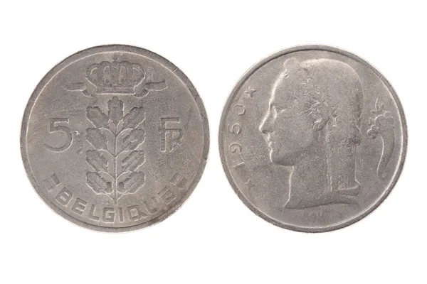 1950 r. Belgia 5 Franków monety — Zdjęcie stockowe
