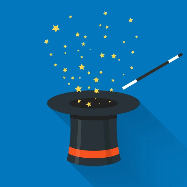 Abracadabra cartoon concept. Magic wand with stars sparks above black magic hat. Abracadabra flat design — Stock Vector