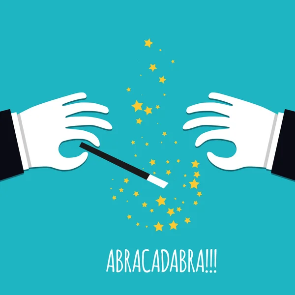 Abracadabra cartoon konzept. Cartoon-Zauberer Hände in weißen Handschuhen halten einen Zauberstab mit Sternen Funken. — Stockvektor