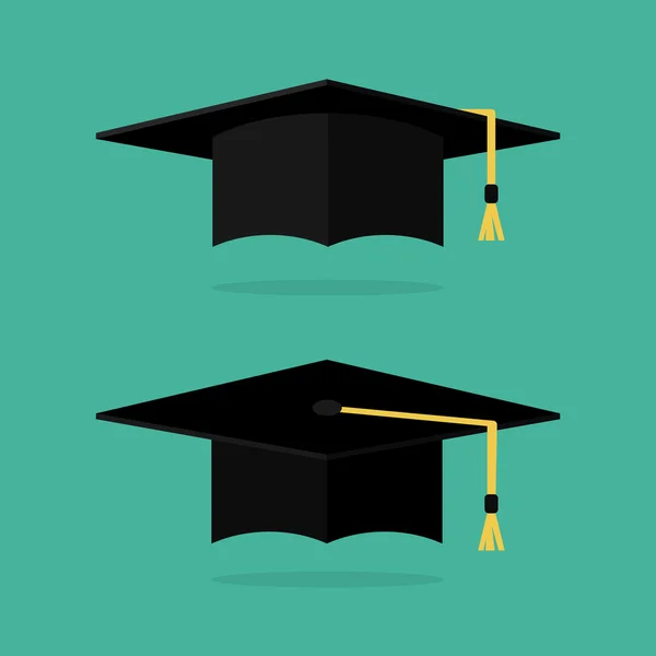 Graduação cap ilustração vetorial plana. Logotipo de chapéu de graduação. Bonés académicos. Capa de graduação isolada em segundo plano . —  Vetores de Stock