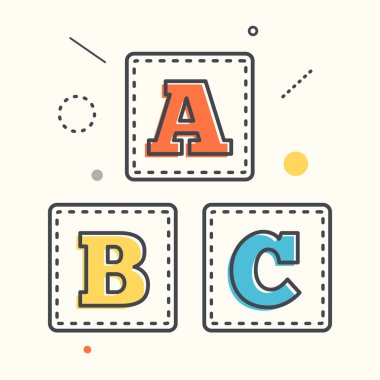 Abc uzun gölgeile düz simge engeller. Düz çizgi stilinde A,B,C harfli alfabe küpleri
