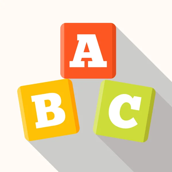 ABC bloquea el icono plano con sombra larga. Cubos del alfabeto con letras A, B, C en plano . — Vector de stock