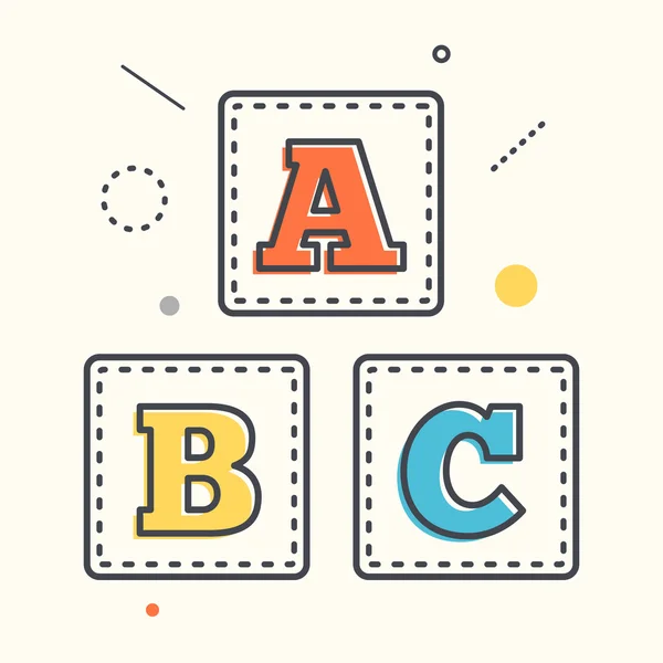 ABC bloquea el icono plano con sombra larga. Cubos del alfabeto con letras A, B, C en estilo de línea plana — Vector de stock
