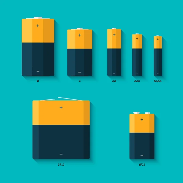 Setje batterijen van verschillende grootte. AAAA, Aaa, D, C en Aa batterijen. Soorten batterijen. — Stockvector