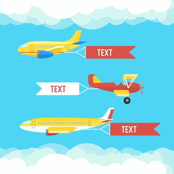 Flygplan, flygplan och biplan. Uppsättning av färgglada platt flygplan med moln. — Stock vektor
