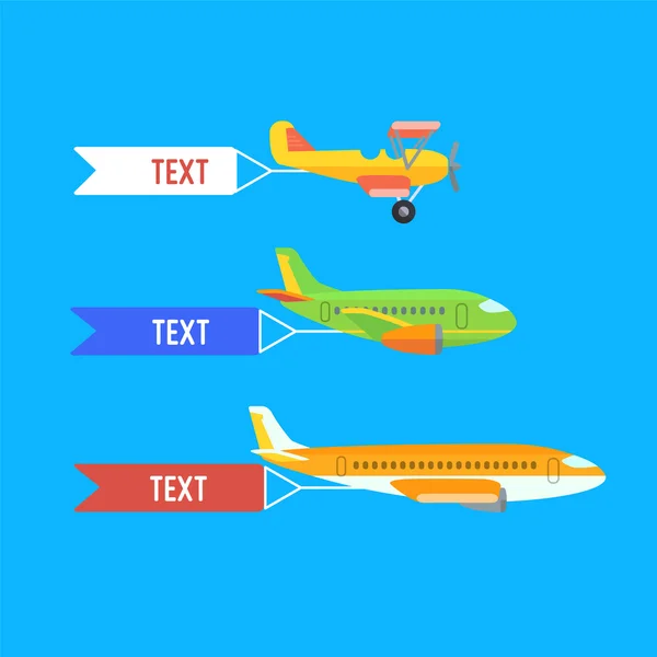 Avión, aviones y biplano. Conjunto de coloridos aviones planos . — Vector de stock