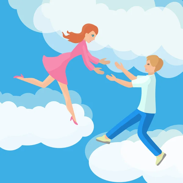 Zuneigung junges Paar auf Wolken Vektor Illustration. — Stockvektor