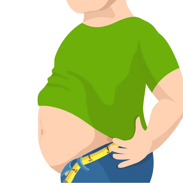 Bauchfett, übergewichtiger Mann mit dickem Bauch und Maßband um die Taille dagegen. Vektorillustration — Stockvektor
