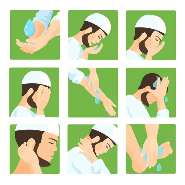 Muslim ablution, purification guide. Step by step position using water. — Stock Vector