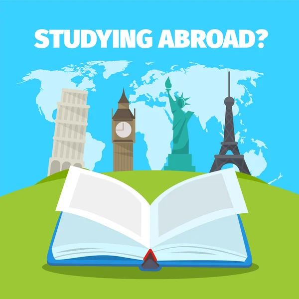 Estudiar en el extranjero el concepto de lenguas extranjeras. Colorido vector de viaje ilustración de estilo plano . — Vector de stock