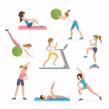Aerobik fitness egzersizleri. Aşırı yağ bırakarak. Kadın fitness kulübünde iş dışarı.