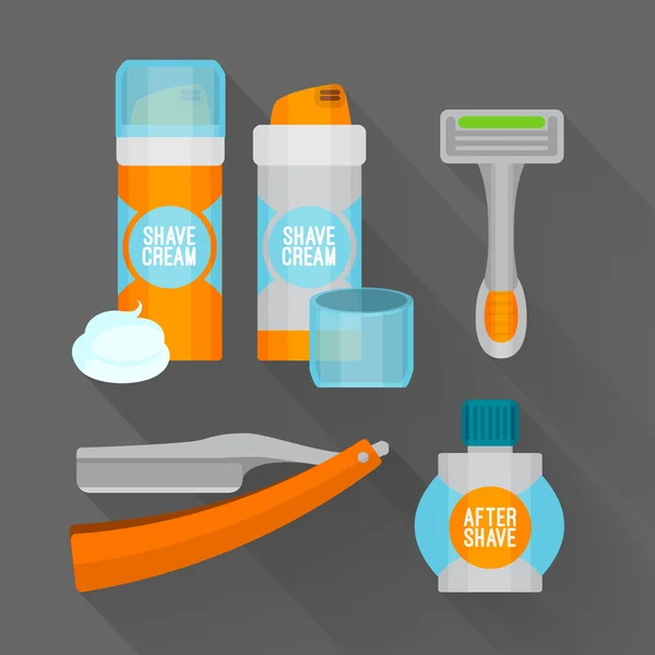 After shave flat icon set. Shaving razor, shaving foam, after shave balm vector icons. — Stock Vector
