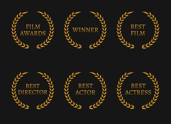 La academia de cine premia a los ganadores y mejores coronas de oro nominadas sobre fondo negro . — Vector de stock