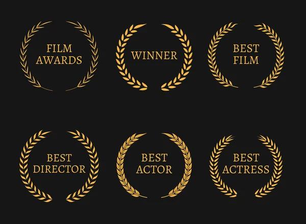 La academia de cine premia a los ganadores y mejores coronas de oro nominadas sobre fondo negro . — Archivo Imágenes Vectoriales