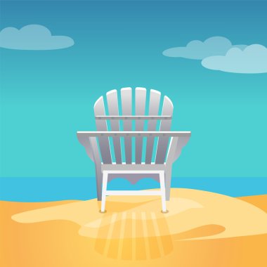 Adirondack chair on the sea beach standing on the yellow sand under the blue cloudy sky clipart