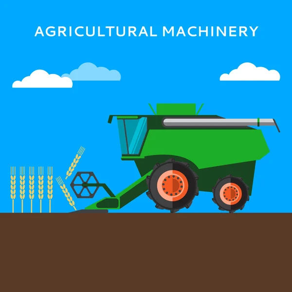 Máquina de combinar agrícola está colhendo no campo de trigo —  Vetores de Stock