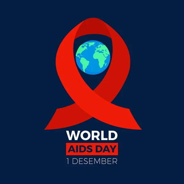 Ícone do dia Mundial da SIDA. Esfera terrestre com o laço de fita vermelha ao redor — Vetor de Stock