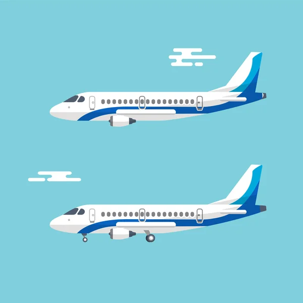 Flugzeug mit breiten Flügeln fliegt in blauem bewölkten Himmel — Stockvektor