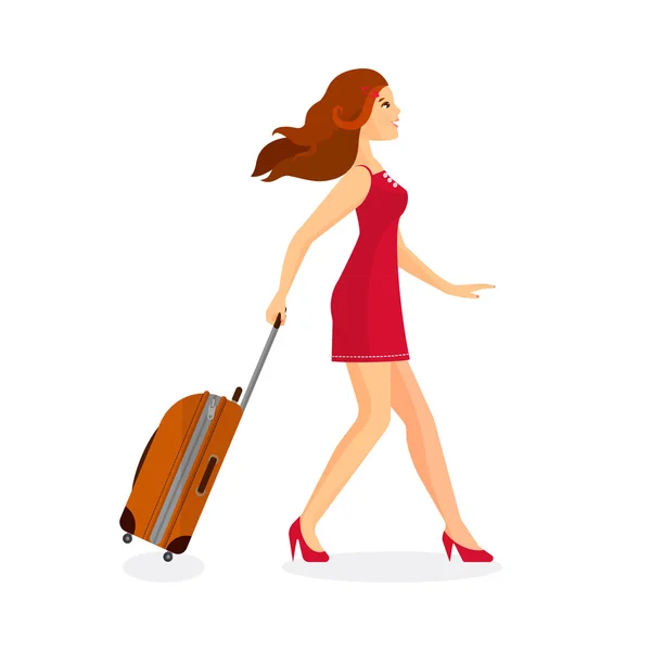 Woman with suitcase is going in airport terminal. — Stock Vector